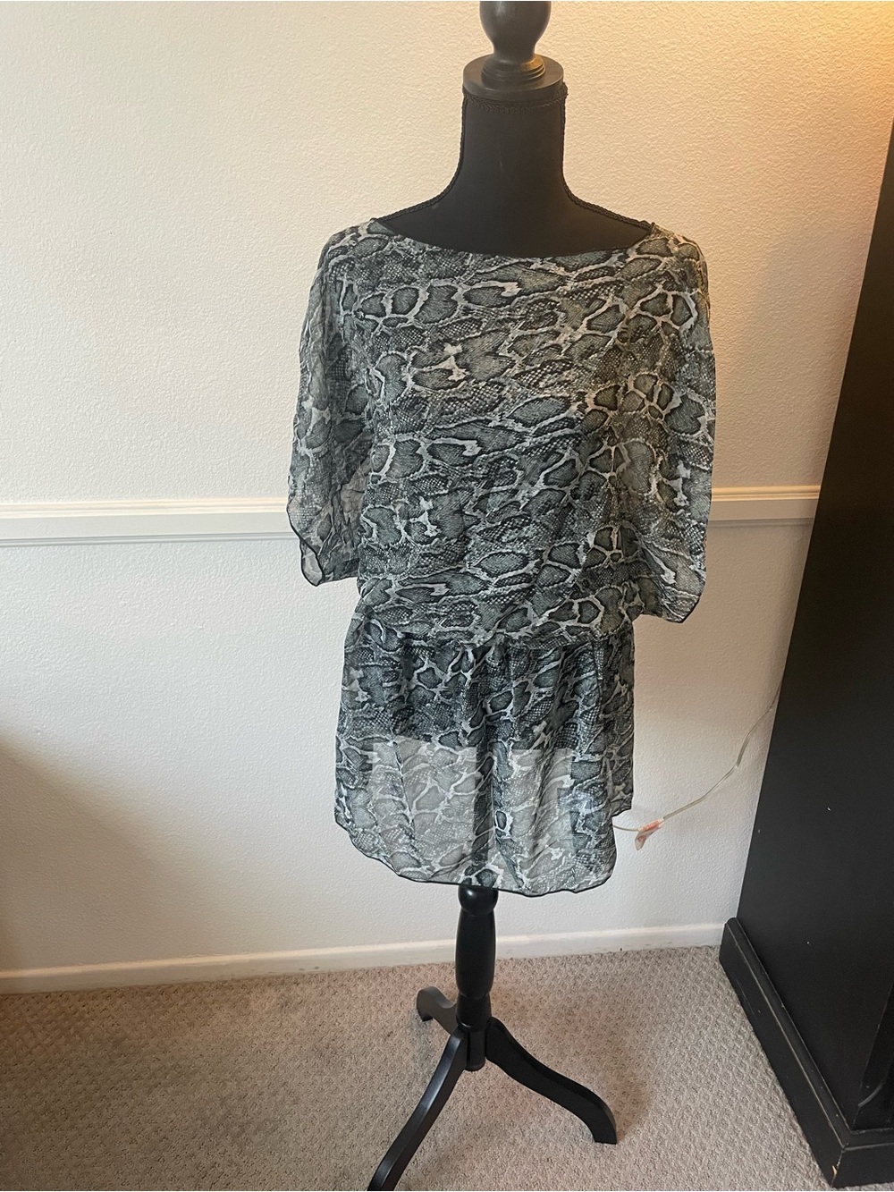 Sheer Babydoll Coverup Snake Print Tunic Top in Gray and Black